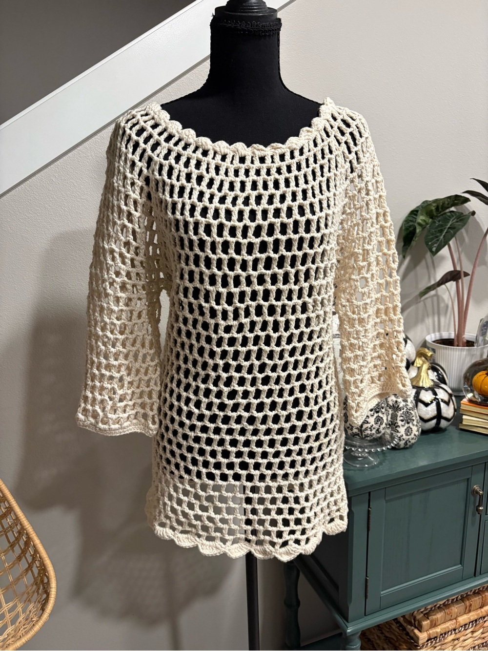 Off-Shoulder Crochet Open-Knit Sweater in Cream